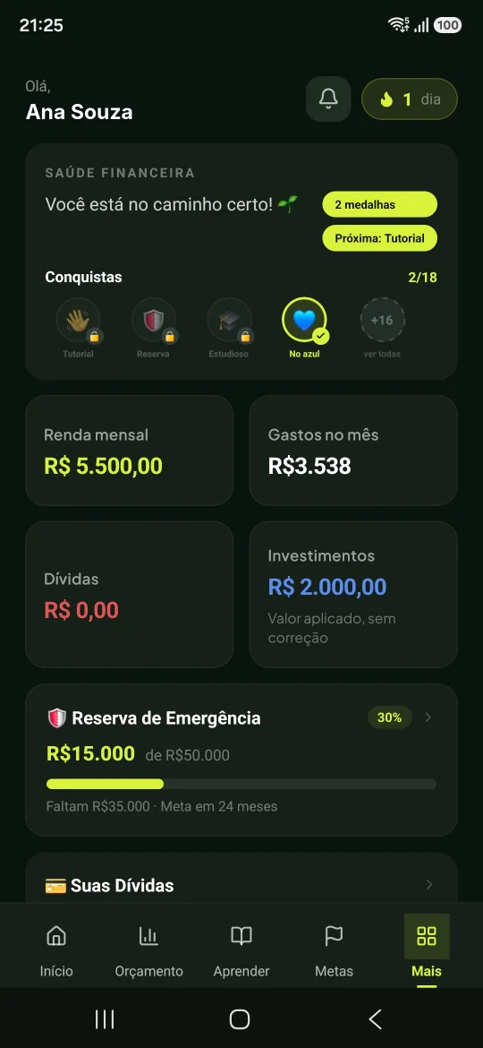 Tela inicial do app EduDin da Ana Souza com saúde financeira, conquistas, renda, gastos e reserva de emergência